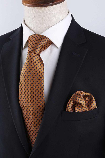 Kravatkolik Classic Tie with Yellow Small Pattern Handkerchief Kk13140