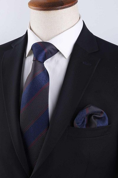 Kravatkolik Navy Blue - Classic Tie with Brown Stripe Pattern Handkerchief Kk13152