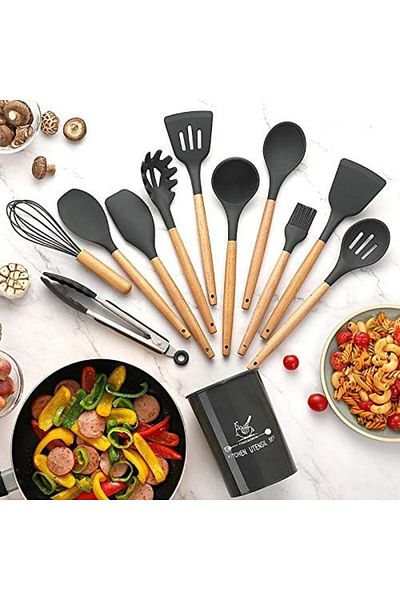 AWH 12-piece Silicone Cooking Utensils Set, Wooden Handle, Bpa-free, With Holder - Assorted Color