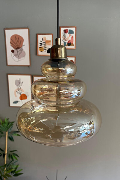 Bamyum Lily Cam Bal Rengi Tekli Avize Yarım Lale Başlık Retro Sarkıt Lamba Restoran Salon Aydınlatma