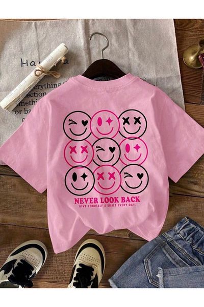 DEZZİİ Μπλουζάκι με ροζ πλάτη Smiley Face με στάμπα Oversize