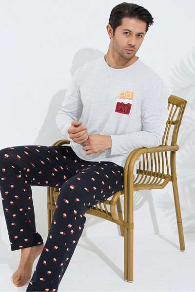 Siyah İnci Gray Patterned Cotton Crew Neck Printed Long Sleeve Knitted Pajamas Set