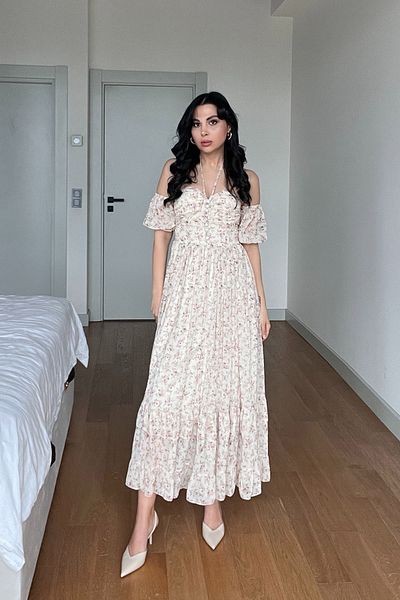Seda Yalçın Atelier Μπεζ φόρεμα με λουλούδια με λαβή στο στήθος