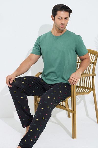 Siyah İnci Green Patterned Cotton Crew Neck Short Sleeve Knitted Pajama Set