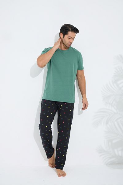 Siyah İnci Green Patterned Cotton Crew Neck Short Sleeve Knitted Pajama Set