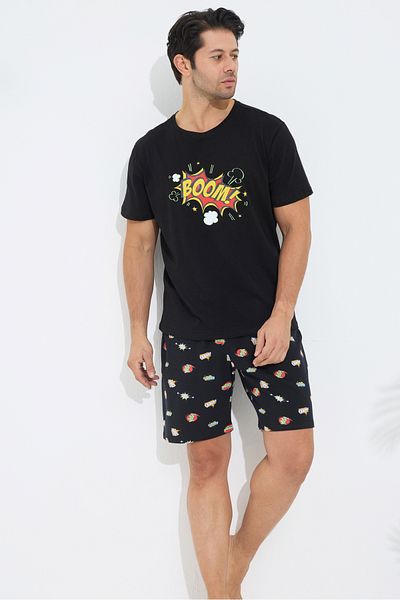 Siyah İnci Black Patterned Cotton Crew Neck Printed Knitted Shorts Set