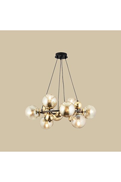 NZL Lighting Sekizli Yuvarlak Camlı Avize Siyah-Gold (70x75 cm) ve Camlı Sark...
