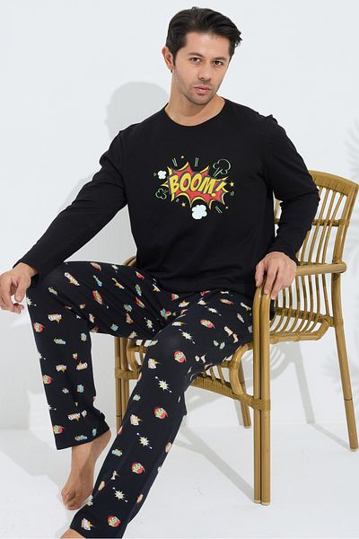 Siyah İnci Black Patterned Cotton Crew Neck Printed Long Sleeve Knitted Pajama Set