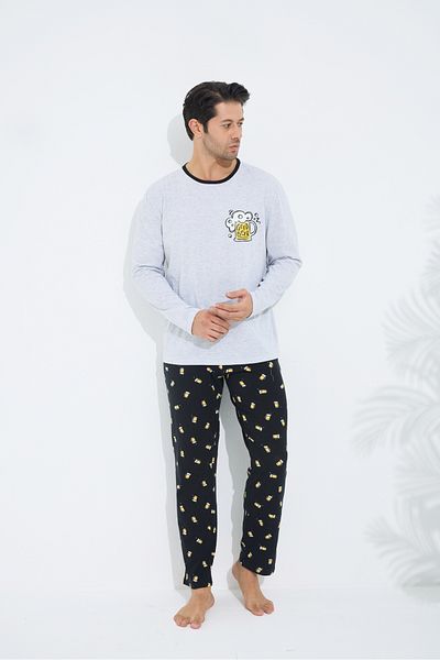 Siyah İnci Gray Patterned Cotton Crew Neck Printed Long Sleeve Knitted Pajamas Set