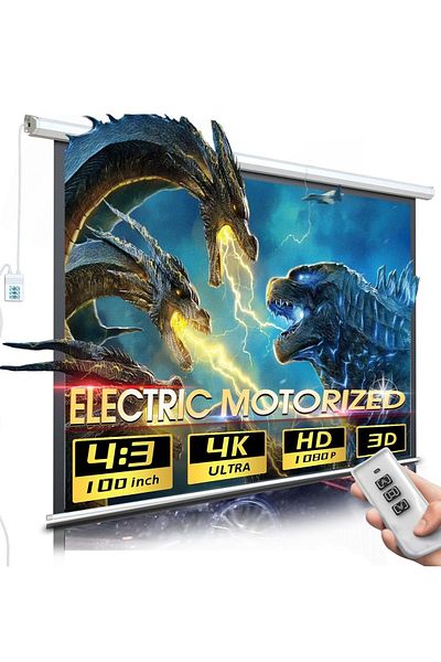 FlashHawk 100 Inch 4:3 Wall Mount Electric Projector Screen - Motorized Projection Curtain with Remote Control