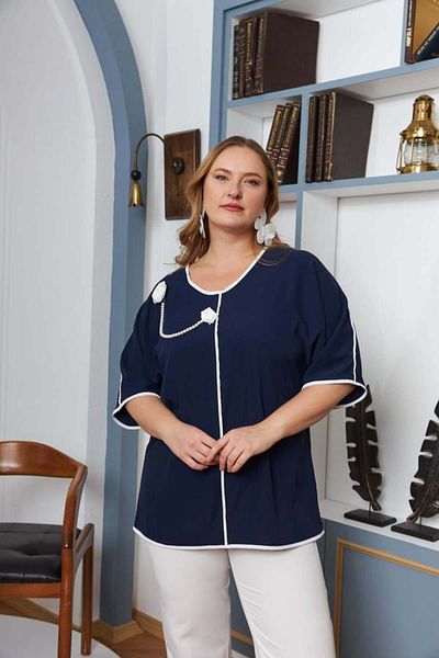 RMG Large Size Blouse with Piping Detail, Navy Blue