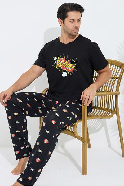 Siyah İnci Black Patterned Cotton Crew Neck Printed Short Sleeve Knitted Pajama Set