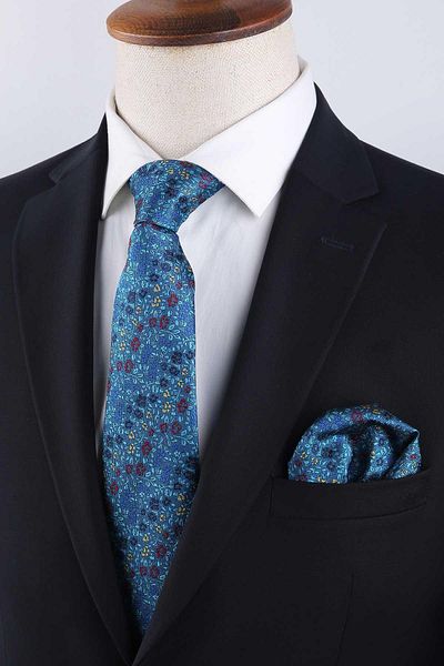 Kravatkolik Turquoise Flower Pattern Classic Tie with Handkerchief Kk13156