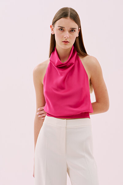 Roman Sırt Dekolteli Degaje Yaka Saten Bluz Fuşya Y2513025_003