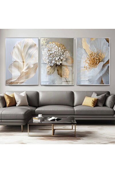KOLAJTASARIM Çiçek Desenli Altın Detaylı Gümüş Metal Çerçeveli Cam Tablo /S