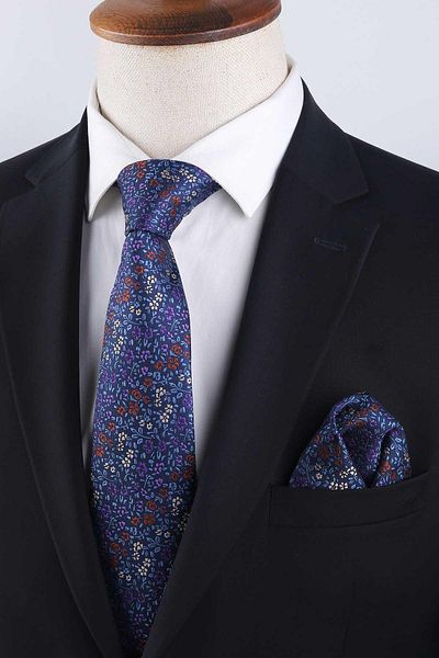 Kravatkolik Navy Blue Flower Pattern Classic Tie with Handkerchief Kk13158