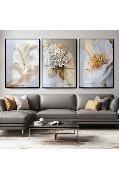 KOLAJTASARIM Çiçek Desenli Altın Detaylı Siyah Metal Çerçeveli Cam Tablo /S