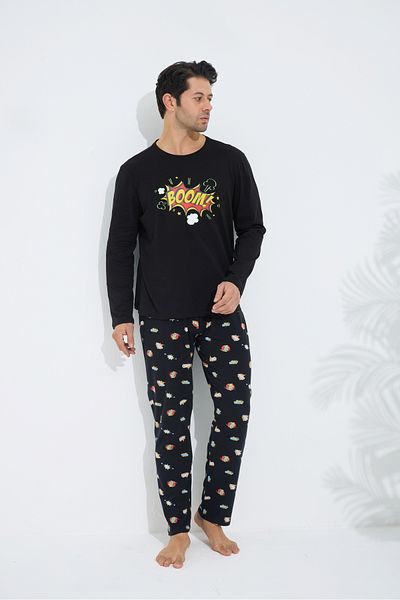 Siyah İnci Black Patterned Cotton Crew Neck Printed Long Sleeve Knitted Pajama Set