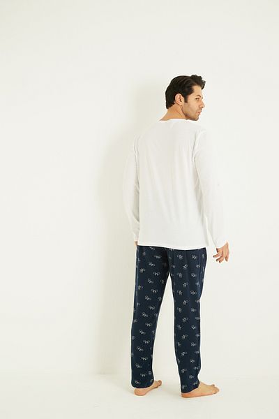 Siyah İnci Ecru Patterned Cotton Crew Neck Embroidered Long Sleeve Knitted Pajama Set