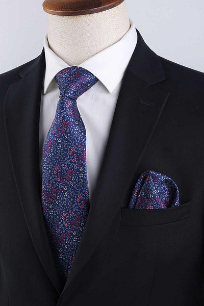Kravatkolik Classic Tie with Blue Flower Pattern Handkerchief Kk13154