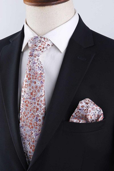 Kravatkolik Gray Flower Pattern Classic Tie with Handkerchief Kk13134
