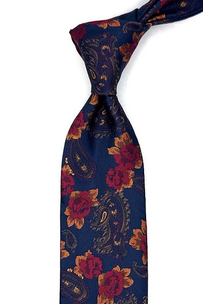 Kravatkolik Navy Blue Flower Pattern Classic Tie with Handkerchief Kk13141