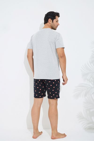 Siyah İnci Gray Patterned Cotton Crew Neck Printed Knitted Shorts Set