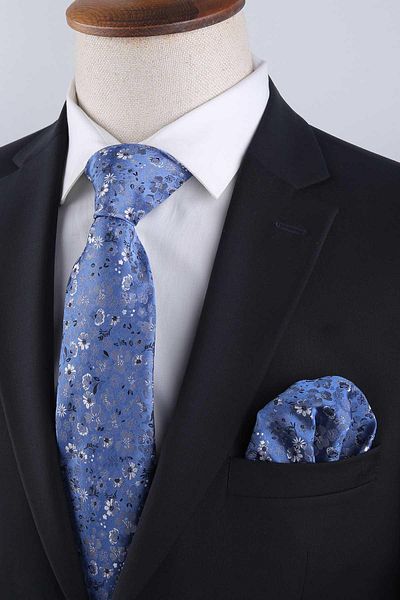 Kravatkolik Classic Tie with Blue Flower Pattern Handkerchief Kk13130