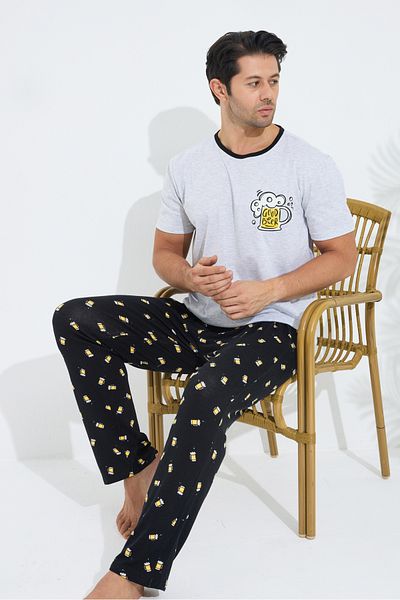 Siyah İnci Gray Patterned Cotton Crew Neck Short Sleeve Printed Knitted Pajama Set