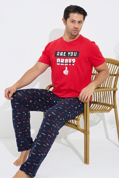 Siyah İnci Red Patterned Cotton Crew Neck Printed Short Sleeve Knitted Pajamas Set