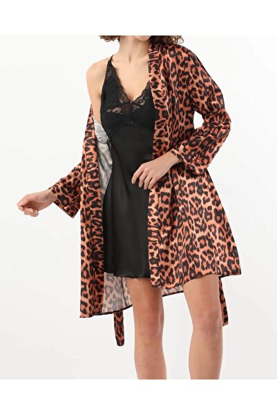 ROZELT Kadın Siyah Leopar  Desenli Sabahlık Gecelik 2'li set N.İ.L.R.O.Z3.E.0...