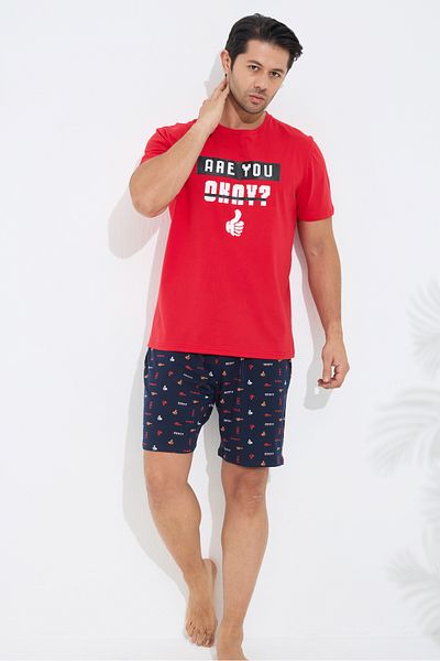 Siyah İnci Red Patterned Cotton Crew Neck Printed Knitted Shorts Set