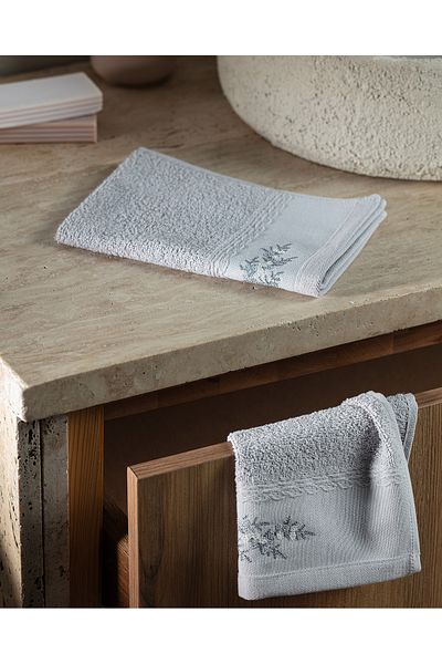 Madame Coco Pansy Embroidered 100% Cotton 2-Piece Hand Towel - Gray - 30X45 cm