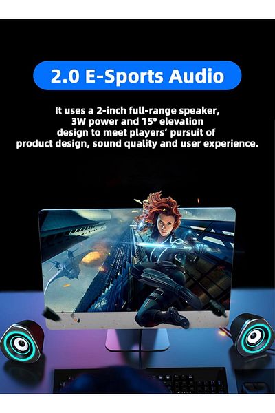 COOYA سماعات كمبيوتر، تعمل بمنفذ USB لأجهزة الكمبيوتر المكتبية واللاب توب والهواتف المحمولة، أضواء زرقاء، أسود