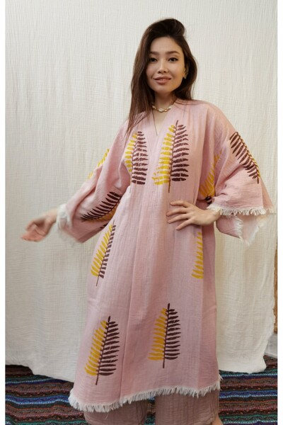 Su Koleksiyon BOHTA PRINTED BOHO STYLE LEAVET PATTERNED COTTON KAFTAN - PINK
