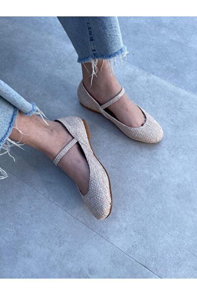 Elvinin Tarzı Lina Wicker Cream Linen Ballerinas
