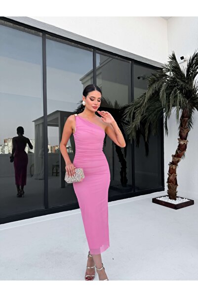 ESRAHELVACI Μονόμανικο ροζ διάφανο φόρεμα