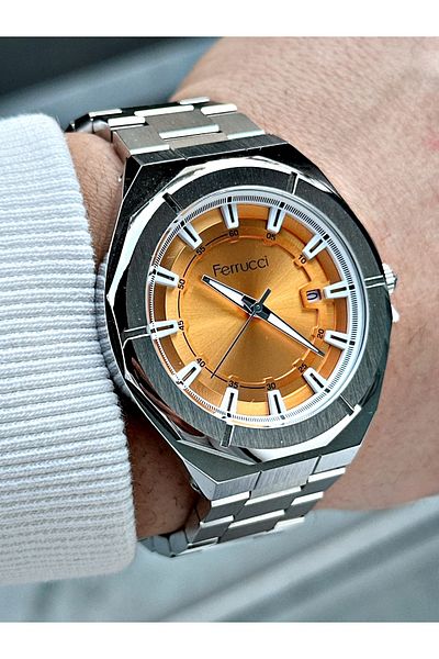 Ferrucci men's Silver Color Calendar Waterproof Steel Cord Wrist Watch