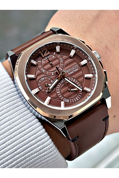 Ferrucci Men's Wristwatch - Brown, 3 Atm Waterproof, Leather Cord, Functions Active