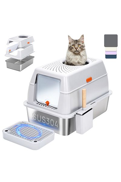 KidLe Large Cat Litter Box with Lid Metal Litter Pan Tray with High Wall Sides