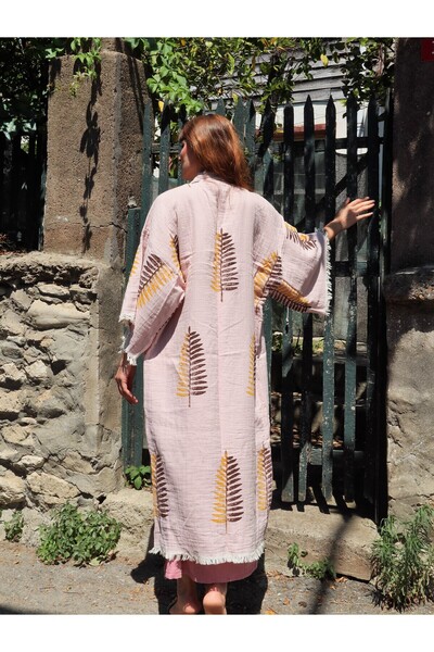 Su Koleksiyon BOHTA PRINTED BOHO STYLE LEAVET PATTERNED COTTON KAFTAN - PINK