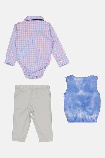 Andy & Evan Toddlers Boy 3 Piece Checkered Bodysuit And Pant With Sweater Vest Set, Blue