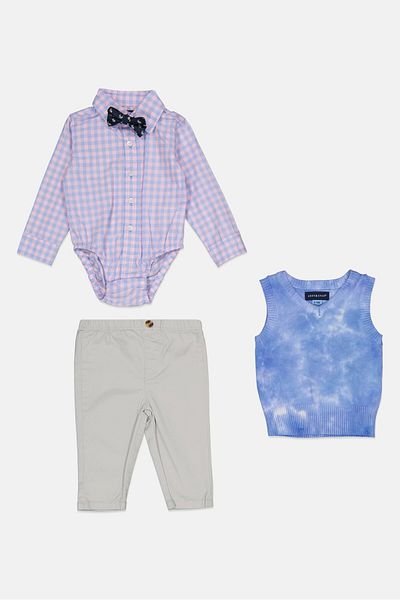 Andy & Evan Toddlers Boy 3 Piece Checkered Bodysuit And Pant With Sweater Vest Set, Blue