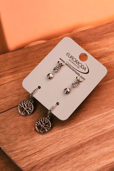 EUROMODA Tree of Life Patterned - 3-Piece Earring Set with Ball Earrings