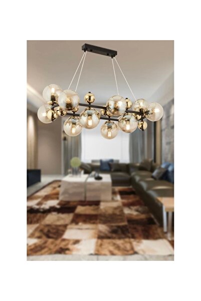 NZL Lighting 12Li Dikdörtgen Camlı Gold Modern Avize ve Camlı Sarkıt Salon Avize