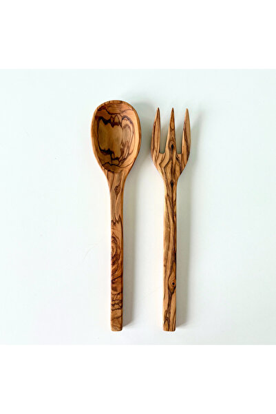 egedeneve Natural Olive Tree Salad Serving Set (2 Pieces) - Zeus Collection - Large Wooden Fork and Spoon