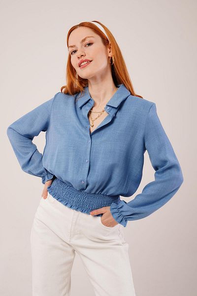 Moka Shopin Bluză albastră MokaShopin cu talie și elastic pentru încheietura mâinii