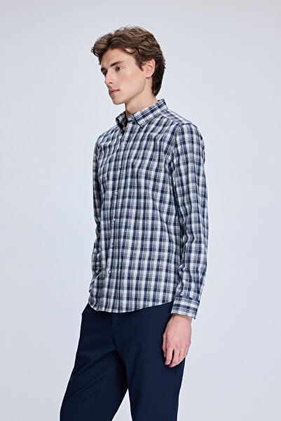 Hatemoğlu Lacivert Slim Fit Kareli Düğmeli Yaka Uzun Kollu Pamuklu Gömlek