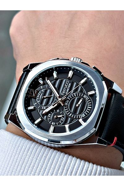 Ferrucci Black Leather Band Men's Wristwatch - 3 Atm Waterproof, Functions Activated