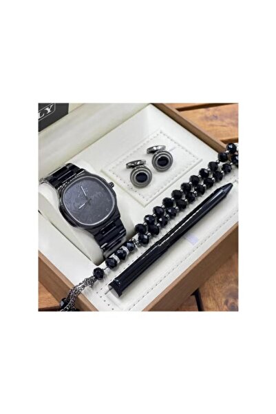 Rivoly طقم ساعات رجالية مكون من 4 قطع يتكون من ساعة وقلم ومجموعة أزرار ومسبحة